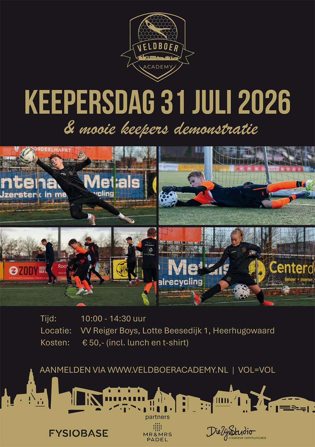 Flyer met een uitnodigingstekst voor de keepersdag van 31 juli 2026, met vier afbeeldingen met daarop jonge keepers in actie.